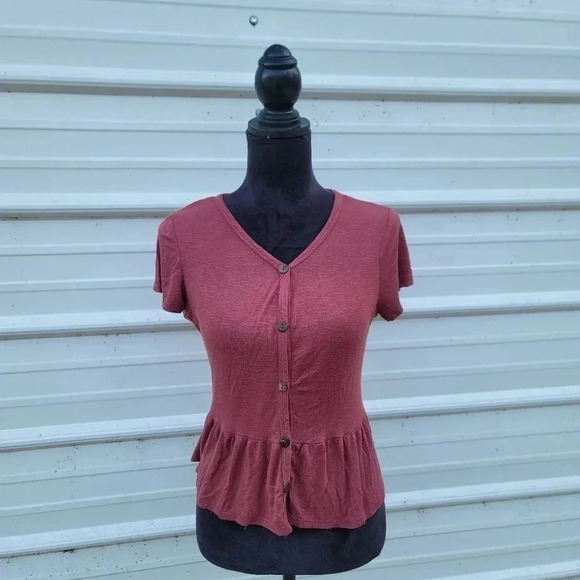Olivia Rae Wome Cropped T-Shirt Tee Rust Red Peplum Stretch Crop Top Women sz M - Picture 1 of 7